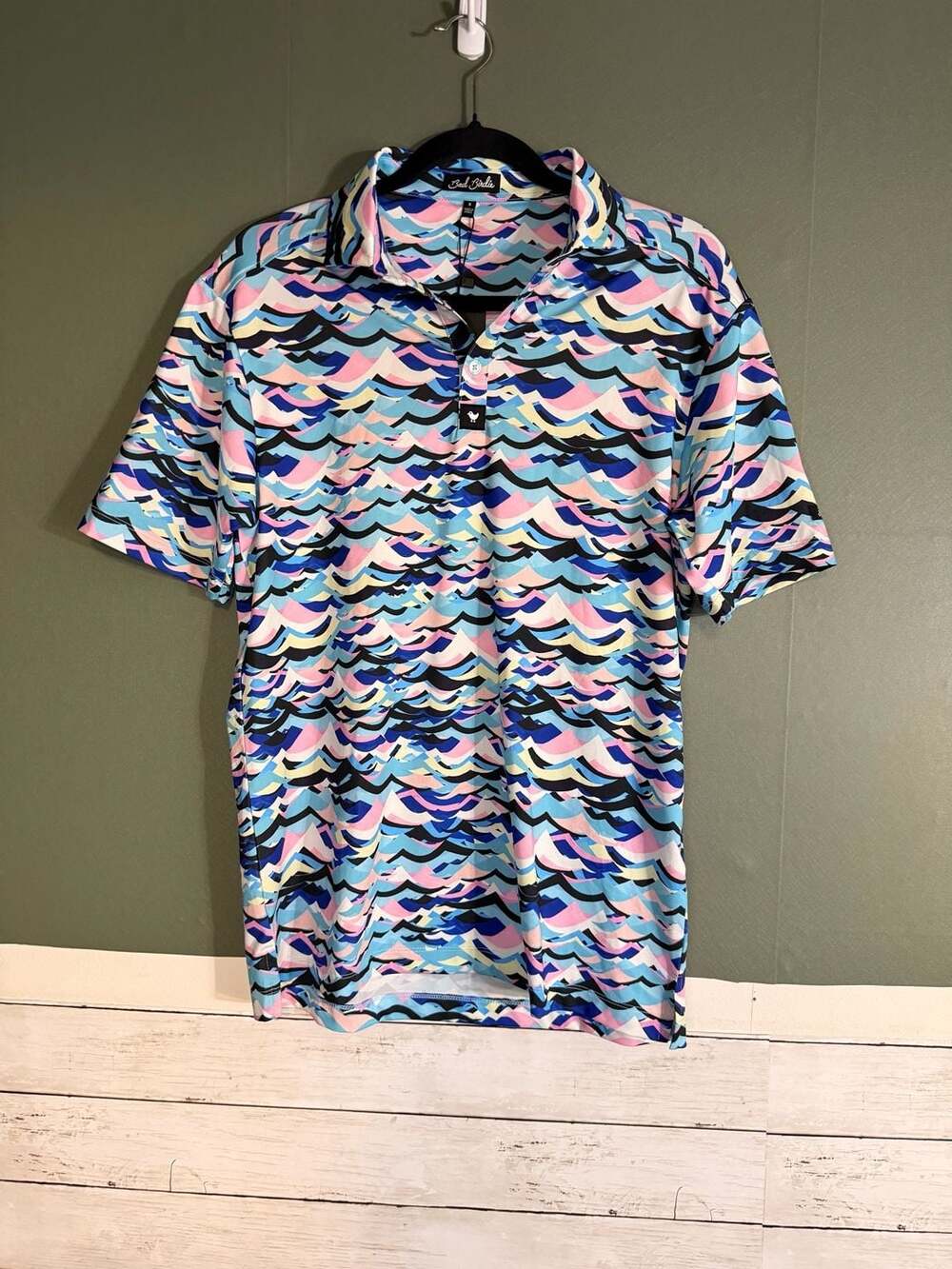 Bad Birdie Abstract 6 Mens Golf Polo Shirt Blue Pink Yellow Geometric Wave Small